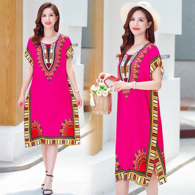 Fdfklak Ethnic Style Nightdress - Mid-Length Sleeveless Summer Sleepwear Loose Beach Nightgown for Women