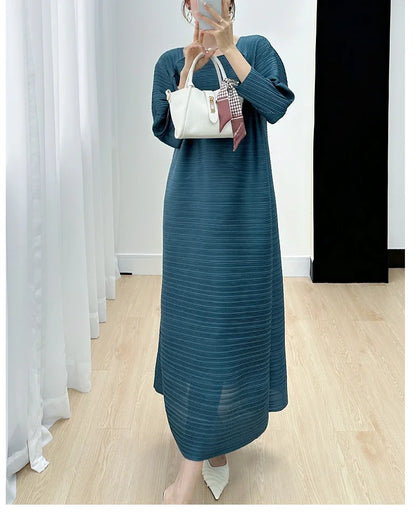 2023 Women's Miyake Pleated Long Dress – Full Sleeve, Round Neck, Korean Fashion, Plus Size Summer Style