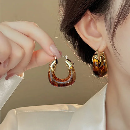 Retro Brown Resin U-Shaped Hoop Earrings — European & American Geometric Earrings for Women, Simple Fashion Jewelry Gift