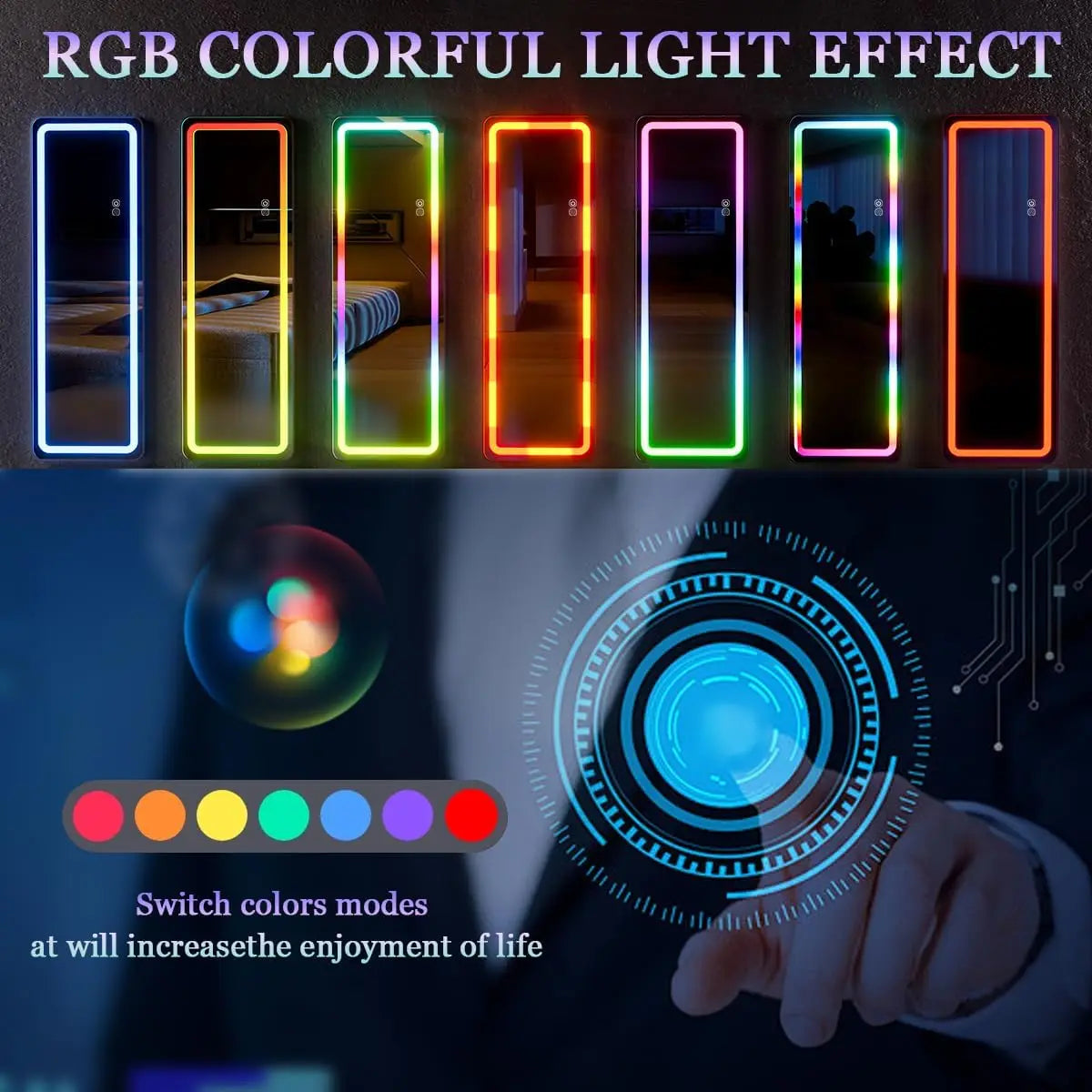 RGB Full-Length LED Mirror – 60"x16" Full Body Wall-Mounted Mirror with Dimming & 7 Color Changing Lights