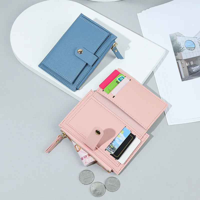 Women’s PU Leather Mini Wallet — Slim Hasp & Zipper Purse, Multi-Card Holder with Coin Pocket, Small Solid Short Wallet