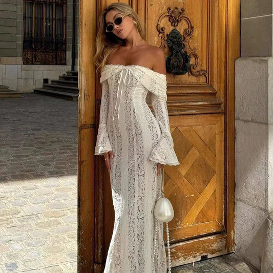 Suninheart White Off-Shoulder Bodycon Dress – 2025 Elegant Lace Long Sleeve Maxi Dress for Women, Wedding Guest Outfit
