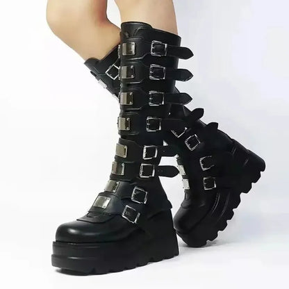 Women’s Gothic Knee-High Platform Boots – Black Punk Motorcycle Shoes for Halloween Cosplay