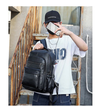 High-Quality USB Charging Backpack for Men – PU Leather Laptop Backpack for Teenagers & Boys, Large Schoolbag