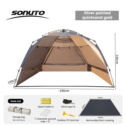 Sonuto Outdoor 3-4P One-Touch Camping Tent – Automatic Quick Open Beach, Fishing, Picnic & Family Travel Tent with Anti-UV Shade
