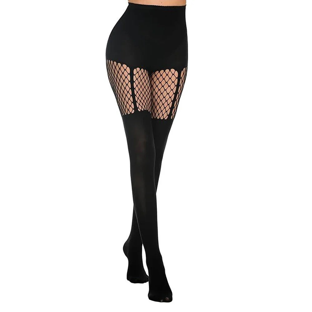Black Hollow-Out Fishnet Pantyhose – Sexy Suspender Tights for Women, Nightclub & Dance Socks