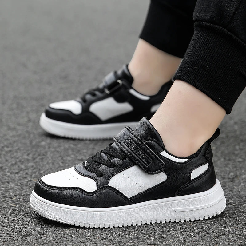 Kids' Black Leather Sneakers – Non-Slip Casual Walking & Tennis Shoes for Boys and Girls