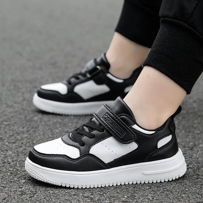 Kids' Black Leather Sneakers – Non-Slip Casual Walking & Tennis Shoes for Boys and Girls