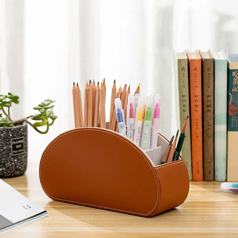 5-Grid PU Leather Desk Organizer: Remote Control and Phone Holder with TV Holder and Cosmetic Brush Storage Box