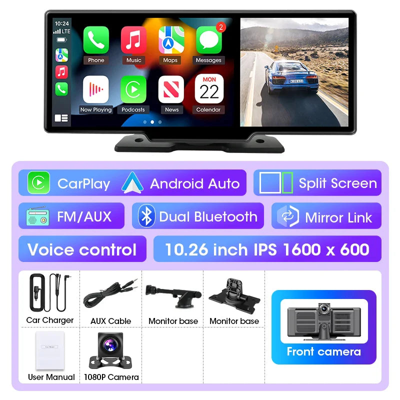 4K Dash Cam 10–11.26 Inch Car DVR – Wireless CarPlay & Android Auto GPS Navigation Dual Lens Video Recorder with WiFi FM AUX