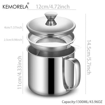 Stainless Steel Oil Filter Pot - 1.1L/1.3L Cooking Oil Strainer Container with Lid & Heat Resistant Fat Separator