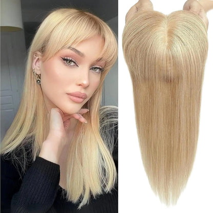 10" Brown Ombre Remy Human Hair Topper – Straight with Bangs, Silk Base, Clip-In Extension for Women