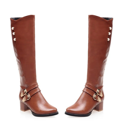 Women's Knee High Riding Boots - Winter Glamour Brown Red Chunky Heel Fashion Boots Plus Size Footwear