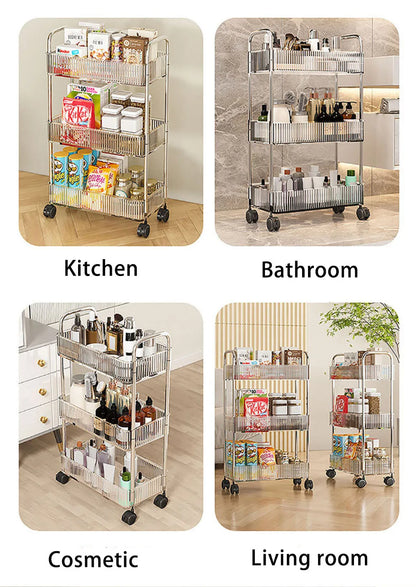 Mobile Shelf with Wheels - Multi-Layer Storage Rack Home Trolley, 2/3/4 Tiers Rolling Cart for Snacks, Cosmetics, and Sundries Organizer