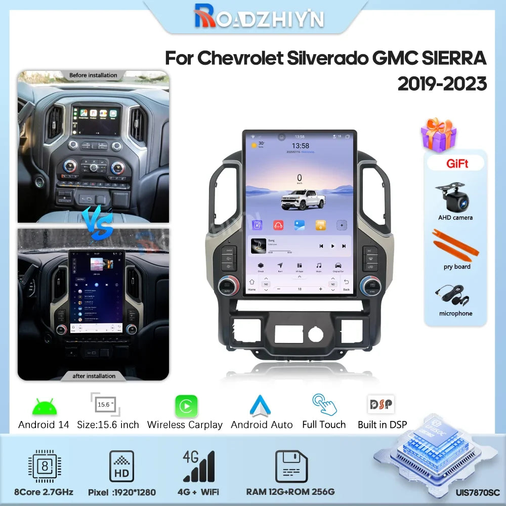 15.6" Car Multimedia Player - GPS Navigation, CarPlay, Android Auto, 4G & WiFi for Chevrolet Silverado & GMC Sierra 2019-2023