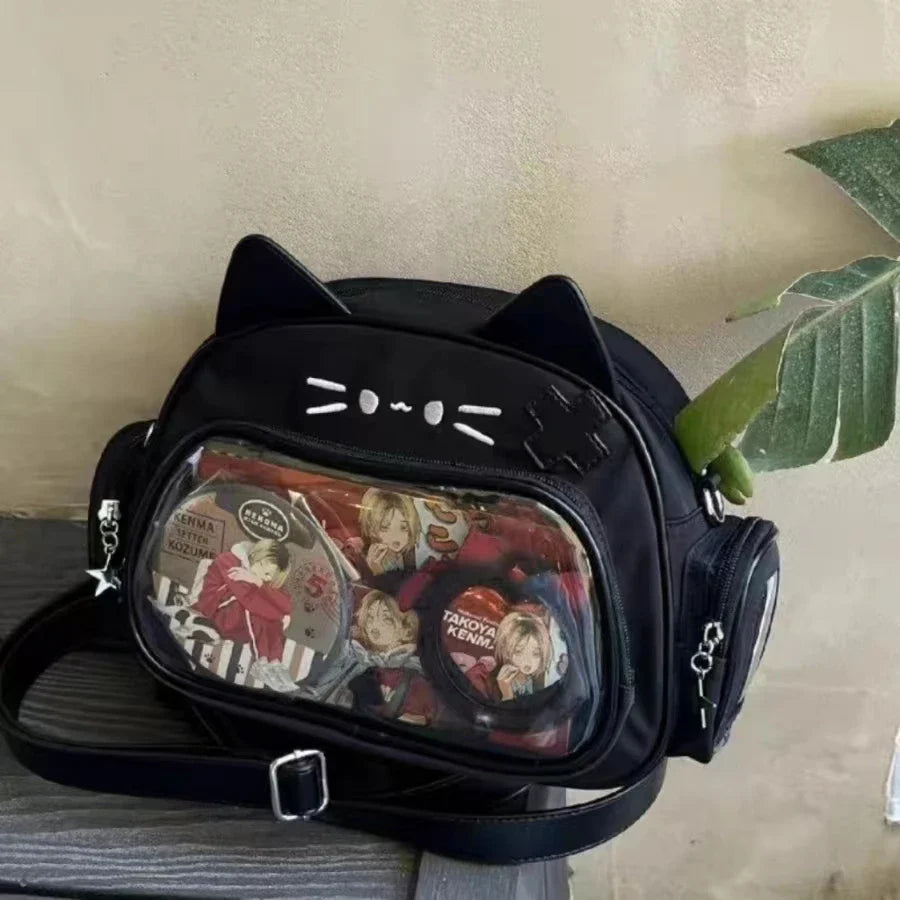 Y2K Korean Kawaii Cat Ita Bag — Cute PU Transparent Shoulder & Crossbody Bag for Girls, Harajuku Style Backpack