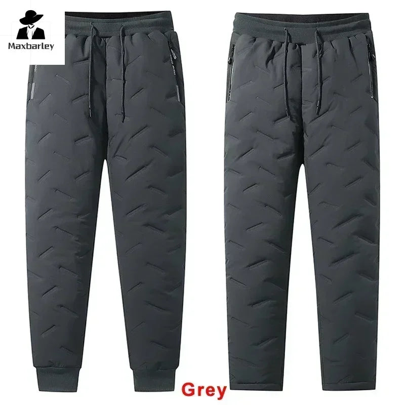 Men’s Winter Down Cotton Pants — Waterproof Thickened Wool Jogger with Zipper Pockets, Warm Outdoor Ski Pants, 7XL