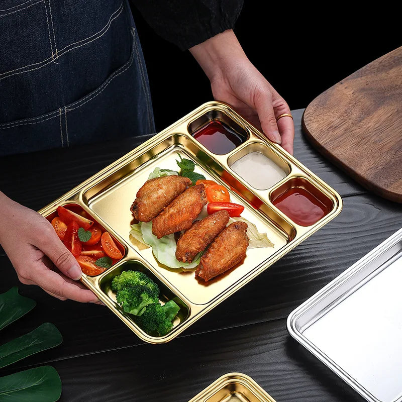 Gold Stainless Steel Divided Dining Plate – Compartment Food Serving Tray Kitchen Tableware