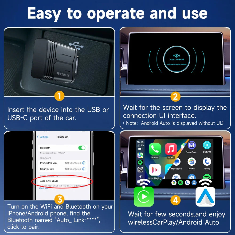2025 HEYINCAR 2-in-1 Wireless Android Auto & CarPlay Adapter – Plug and Play for Kia, Volvo, Audi, MG, VW, Hyundai, Jeep