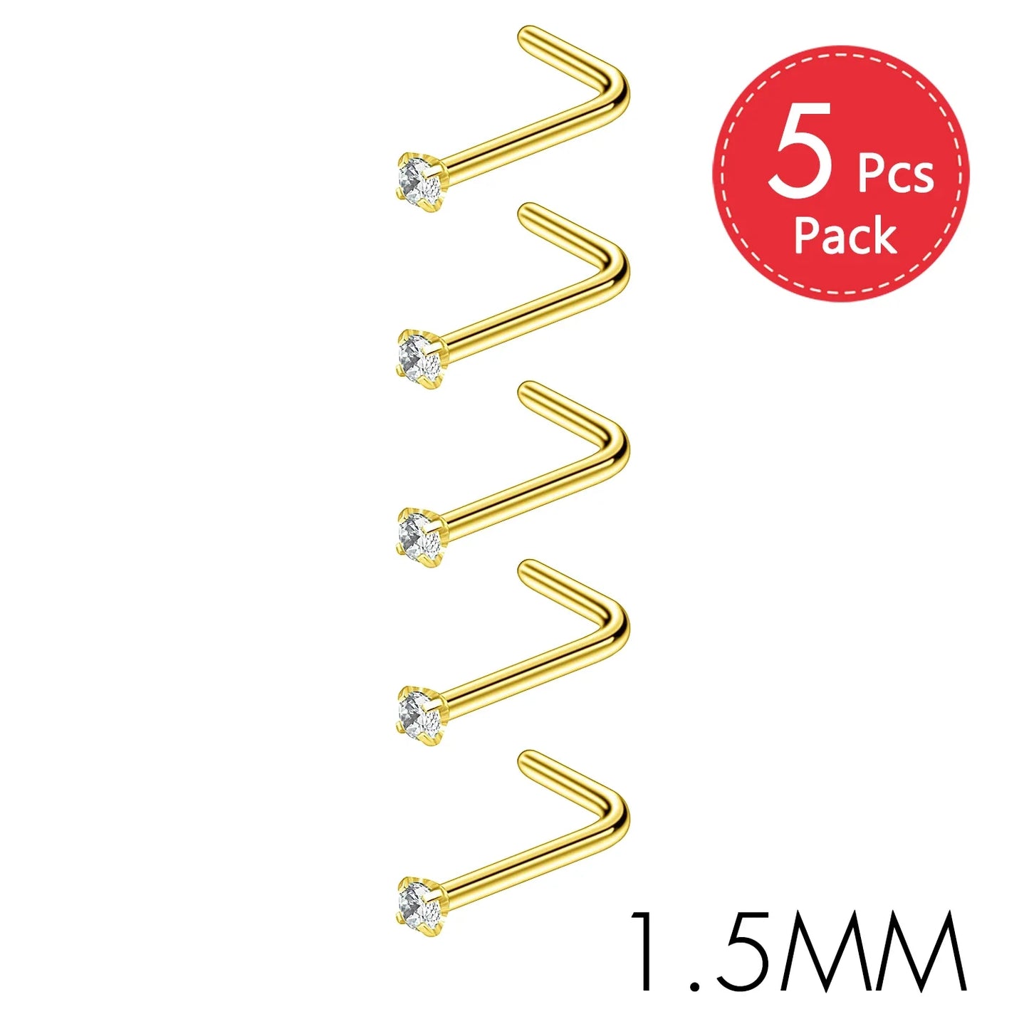5PCS Stainless Steel Nose Ring Studs — Crystal Nostril Piercing Jewelry for Women & Girls, 1.5/2.0/2.5/3.0mm, 20G
