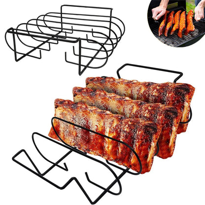 Stainless Steel Non-Stick BBQ Rib Rack Stand | Barbecue Steaks Racks for Chicken, Beef, Ribs | Black Grill for Gas Smoker BBQ Tools