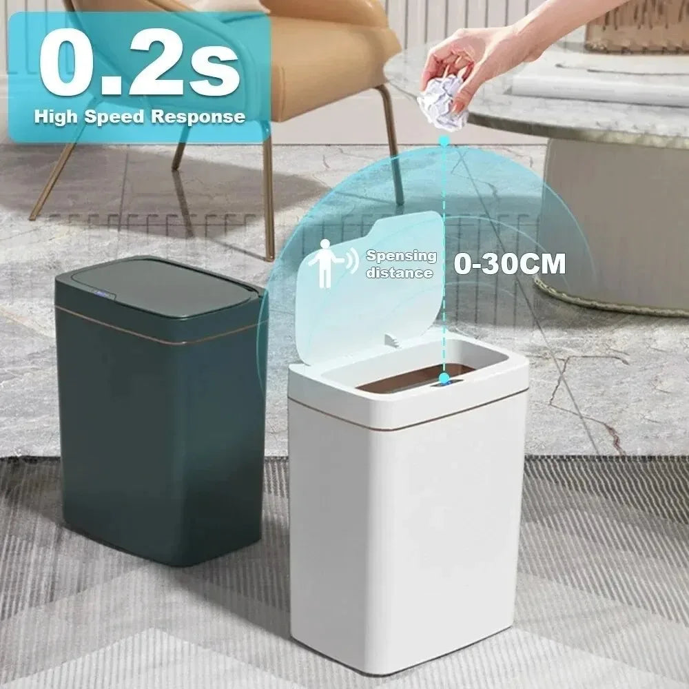 15L Smart Automatic Bathroom Trash Can — Touchless Electronic Sensor Bin with Self-Bagging, White Narrow Garbage Bin for Smart Home