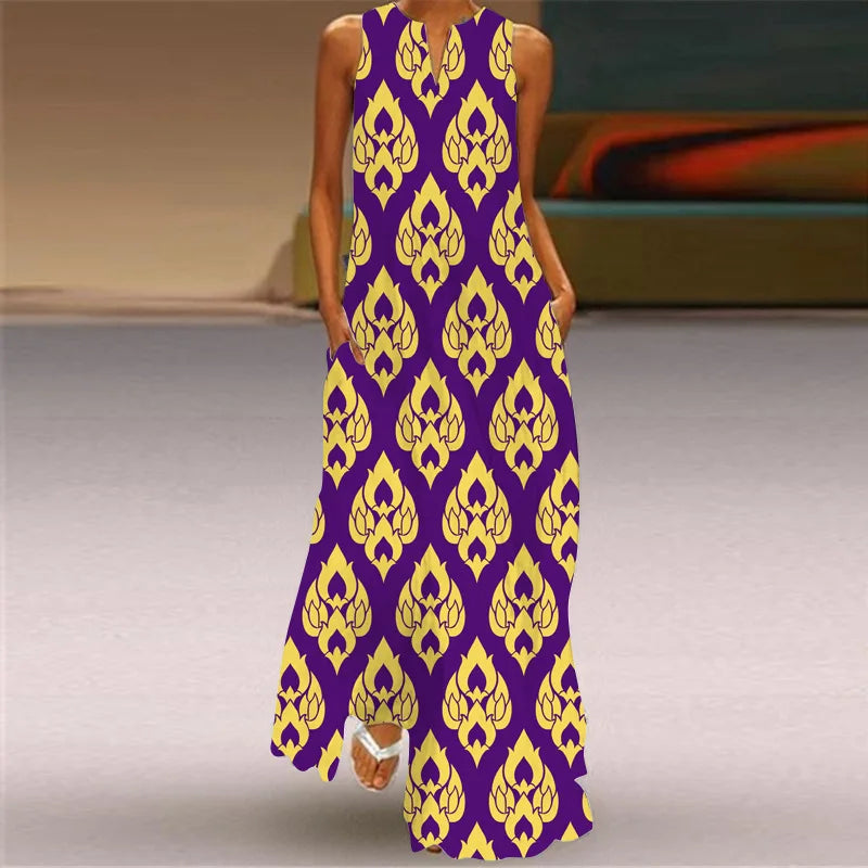 Vintage Boho Maxi Dress - Women's Summer V Neck Sleeveless Long Sundress with Pockets