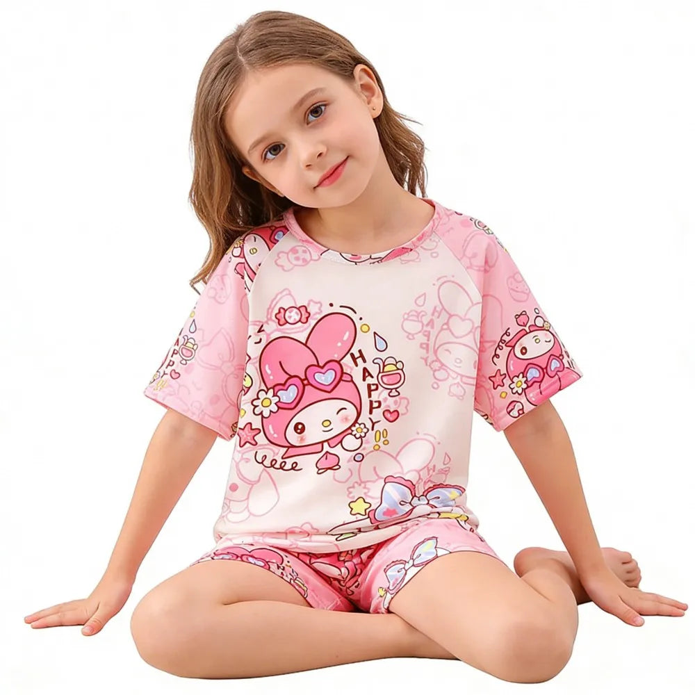 Girls’ Summer Pajama Set – Hello Kitty & Kuromi Tops with Shorts, Sleepwear for Ages 3-12