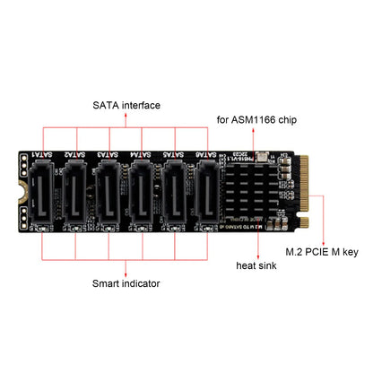 M.2 to SATA 3.0 Adapter Card — 6Gbps High-Speed ASM1166 PCIe to SATA Expansion Card with Smart Indicator