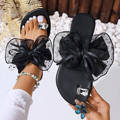 Women’s Mesh Bow Rhinestone Sandals - Flat Heel Clip-Toe Backless Beach Slippers