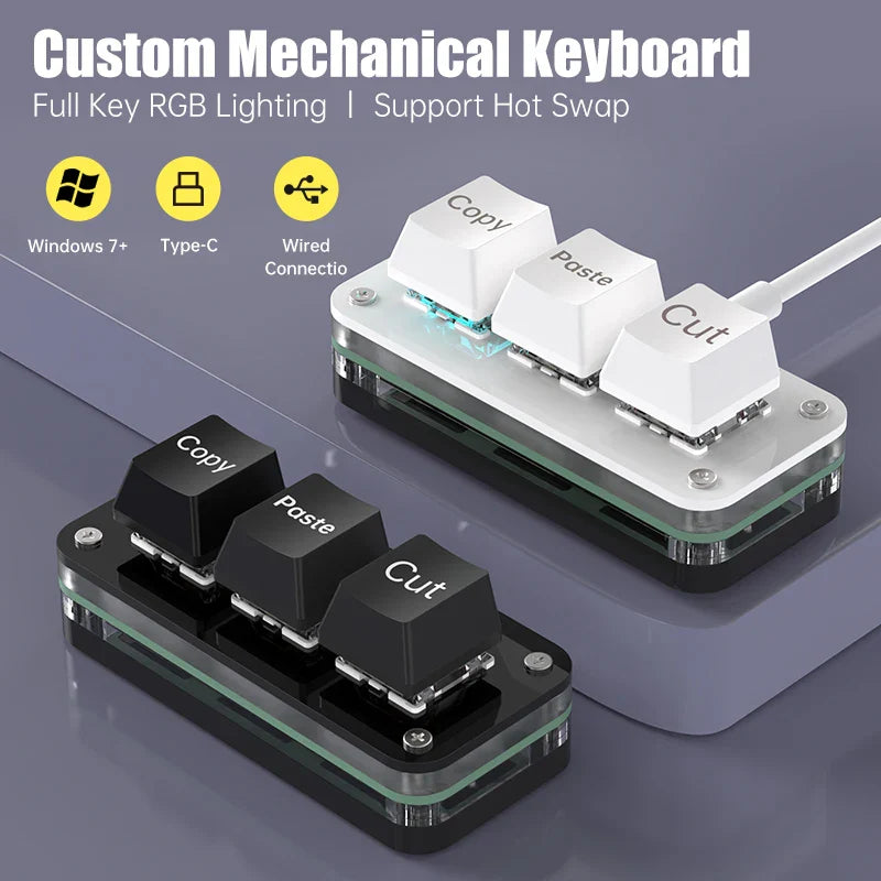 RGB 3-Key Mini Macro Keyboard — Hotswap Keypad for Photoshop, Gaming & Programming