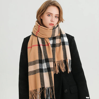 Luxury Brand Winter Plaid Cashmere-Like Blanket Scarf - Thick Warm Pashmina Shawl Wrap with Tassels, Poncho Stoles Echarpe