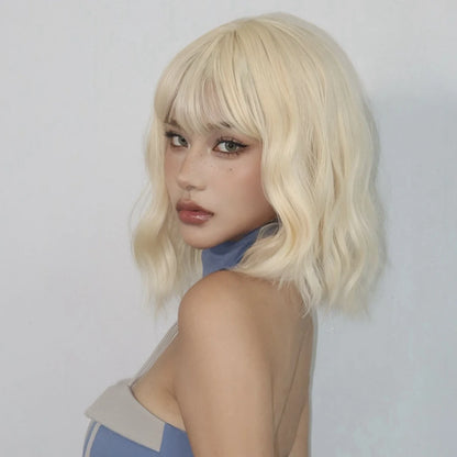 Blonde Short Curly Bob Synthetic Wig with Bangs – Platinum Golden Lolita Cosplay Wig for Women, Heat-Resistant for Daily & Party Use