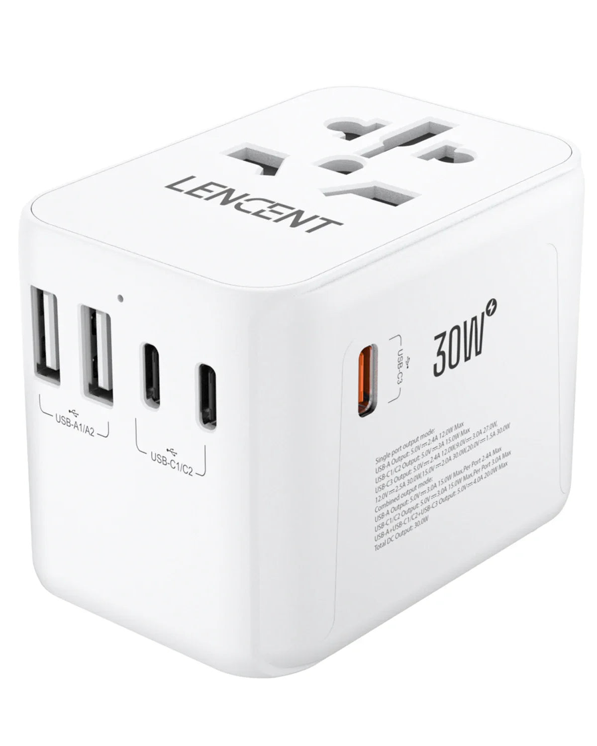 LENCENT International Travel Adapter - All-in-One Wall Charger with 3 USB Ports and 1 Type-C, for US, EU, UK, AUS Travel