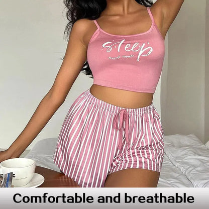 Summer Seduction: Sexy Women's Cotton Pajamas Set - Cute Sleeveless Tops and Shorts, Soft Sleepwear Nightwear for Females