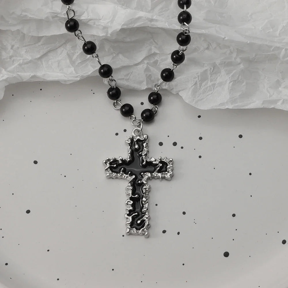 Gothic Bat Cross Necklace Set - Y2K Thorn Love Black Beaded Layered Jewelry for Halloween Parties