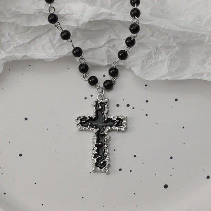 Gothic Bat Cross Necklace Set - Y2K Thorn Love Black Beaded Layered Jewelry for Halloween Parties