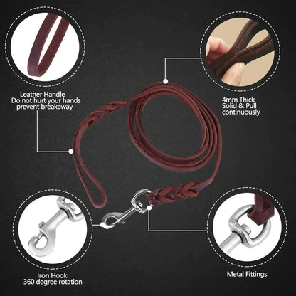 Genuine Leather Dog Leash – Braided Walking & Training Lead for Medium & Large Dogs, Brown & Black