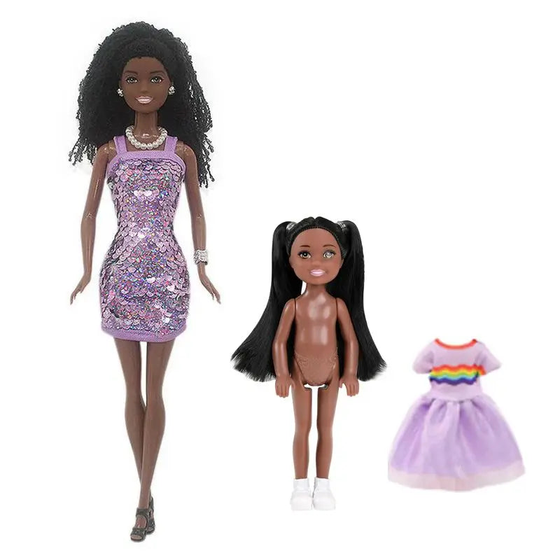 Kawaii African Girls Doll Set — 30cm Mother & 14cm Daughter with Clothes, DIY Kids Toy Birthday Gift