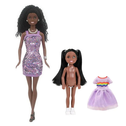 Kawaii African Girls Doll Set — 30cm Mother & 14cm Daughter with Clothes, DIY Kids Toy Birthday Gift