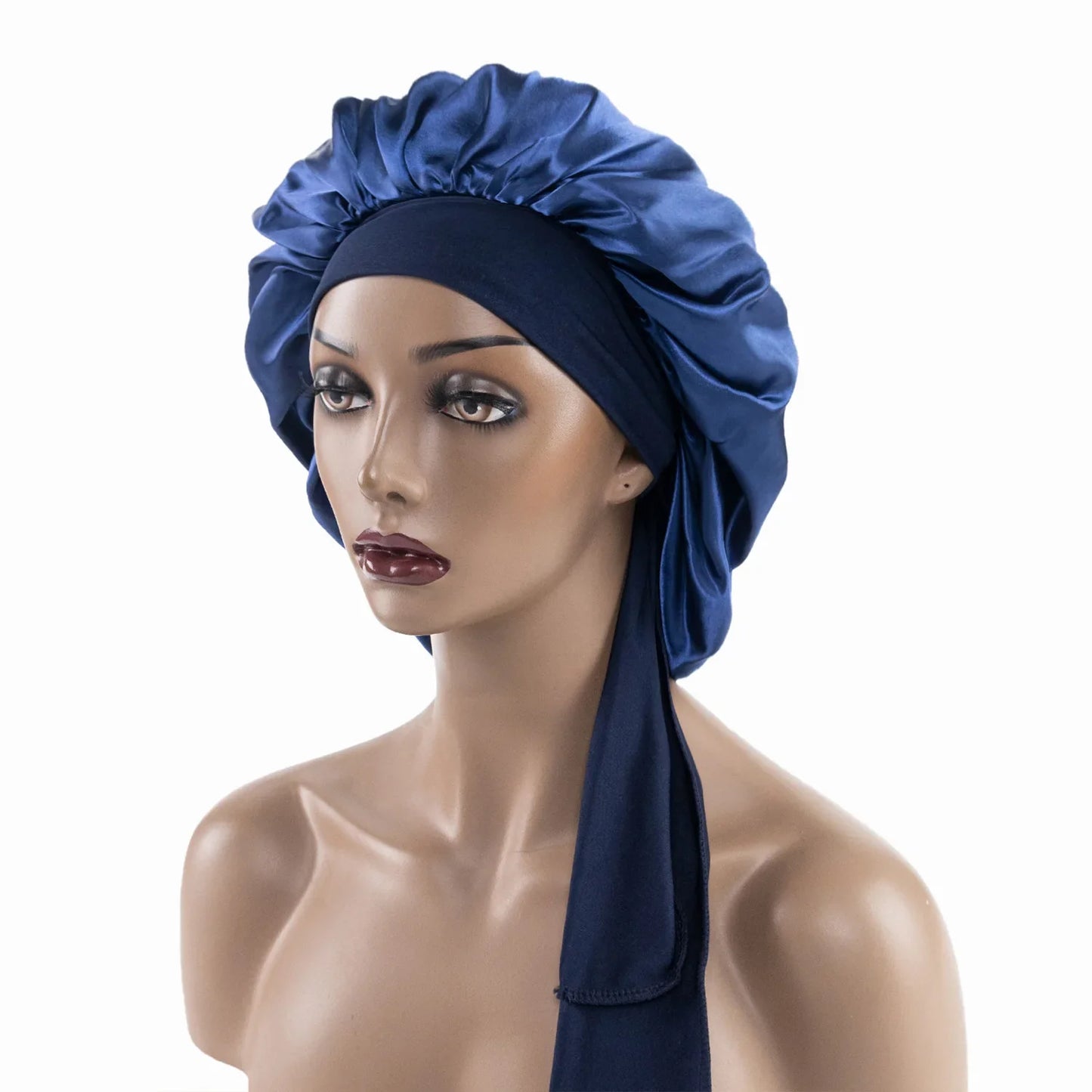 Satin Nightcap for Women - Wide Stretch, Extra-Large Long Tail, Shower Cap with Ribbon, Round Hat Hair Bonnet