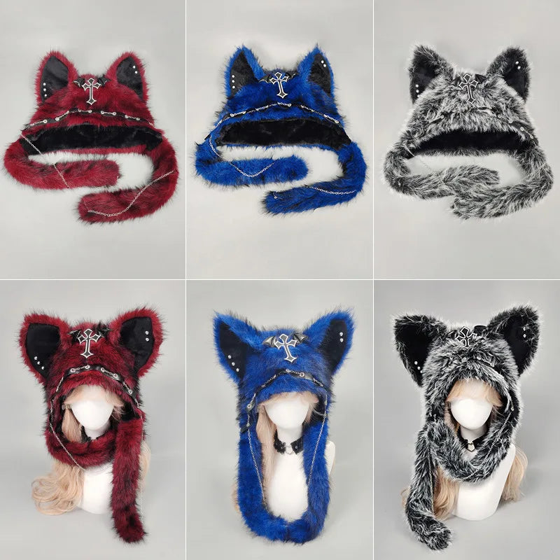 Dark Series Gothic Cat Ear Plush Hat — Y2K Cross Metal Style Cosplay Punk Rock Warm Cap for Men, Women & Kids