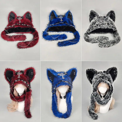 Dark Series Gothic Cat Ear Plush Hat — Y2K Cross Metal Style Cosplay Punk Rock Warm Cap for Men, Women & Kids