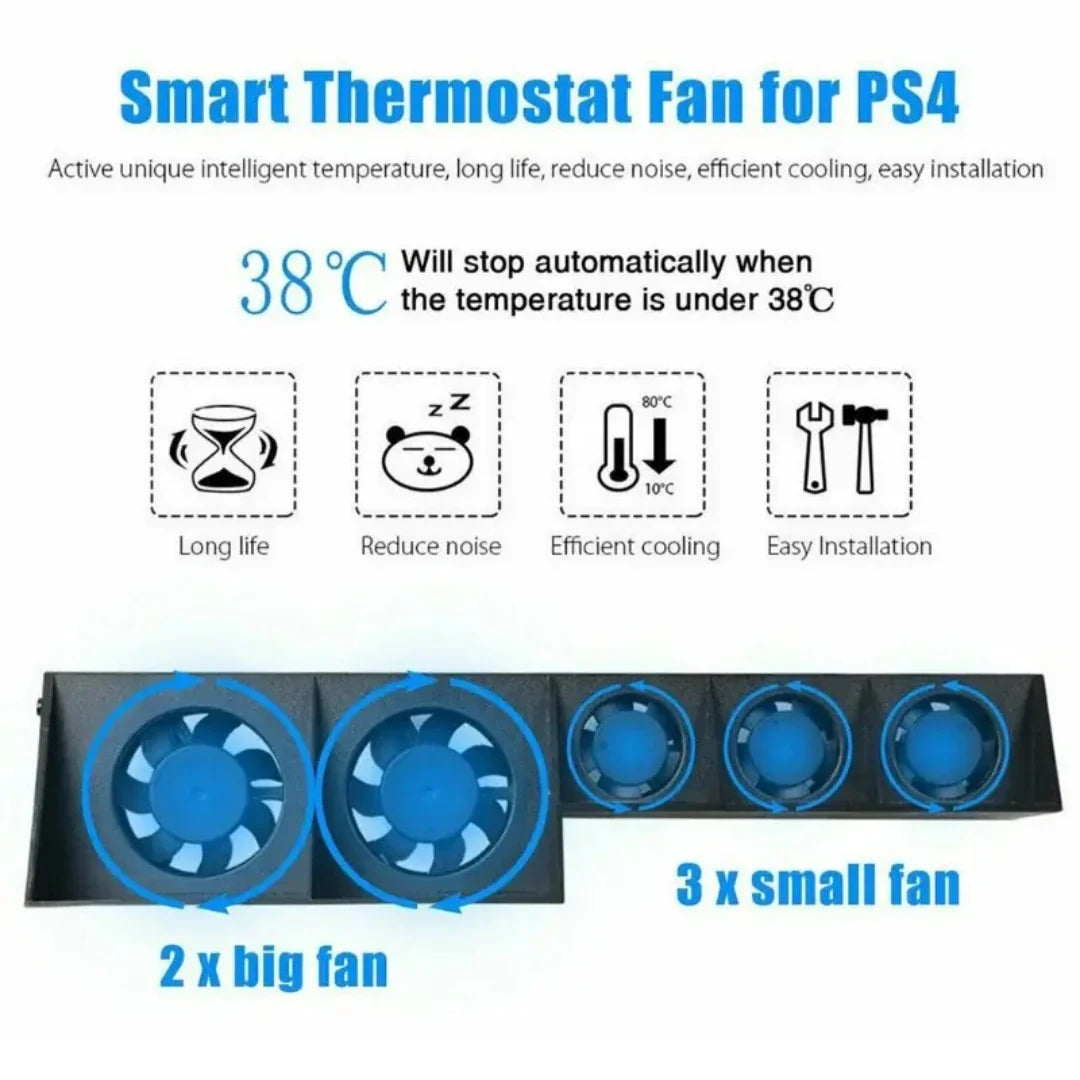 PS4 USB Cooling Fan — External 5-Fan Turbo Cooler with Temperature Control for PlayStation 4