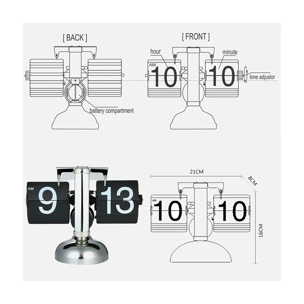 Small Retro Flip Clock – Stainless Steel Gear-Operated Table Clock, Black/White Quartz Design