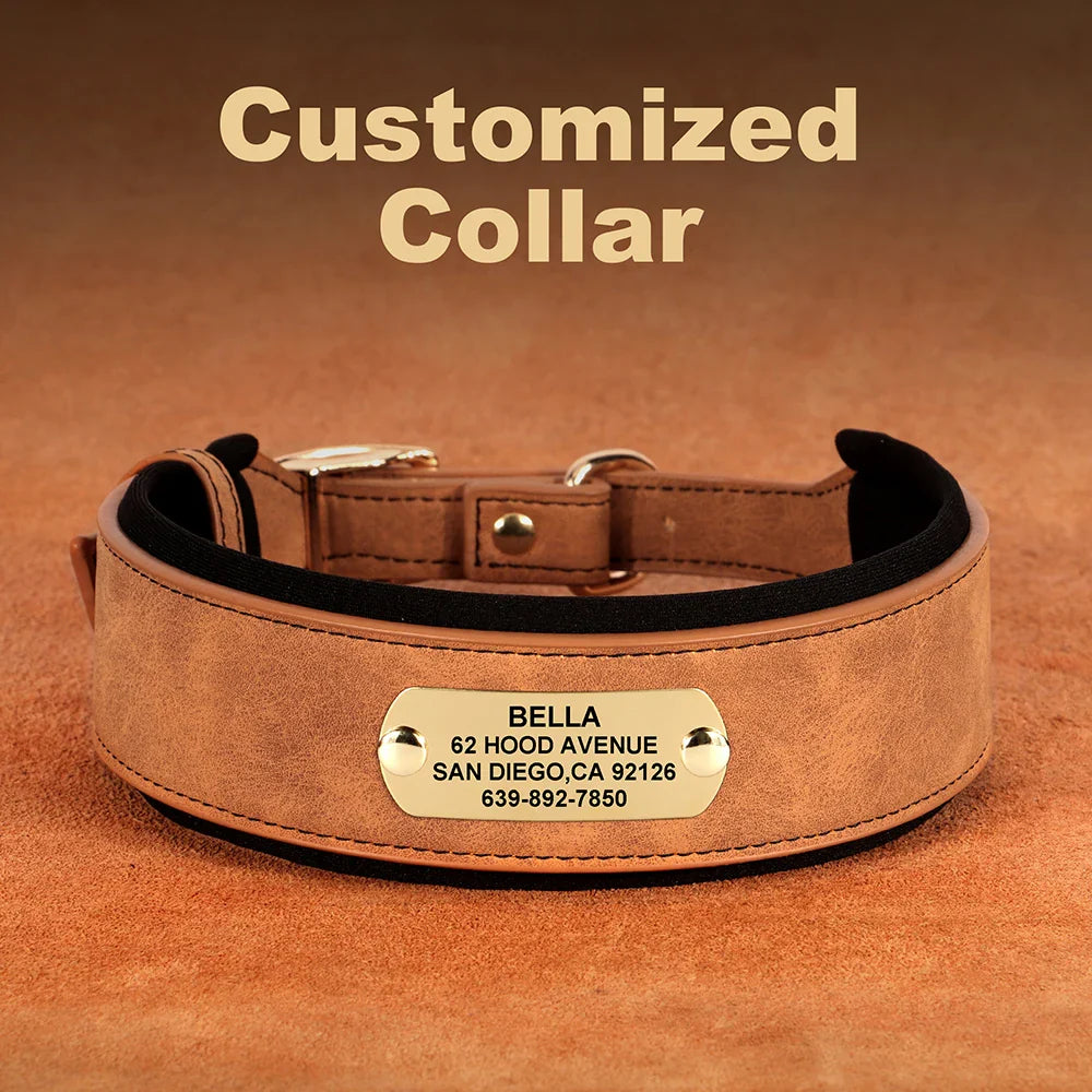 Wide Personalized PU Leather Dog Collar – Custom Tag Soft Pet Collar for Small, Medium & Large Dogs, Pitbulls & Bulldogs