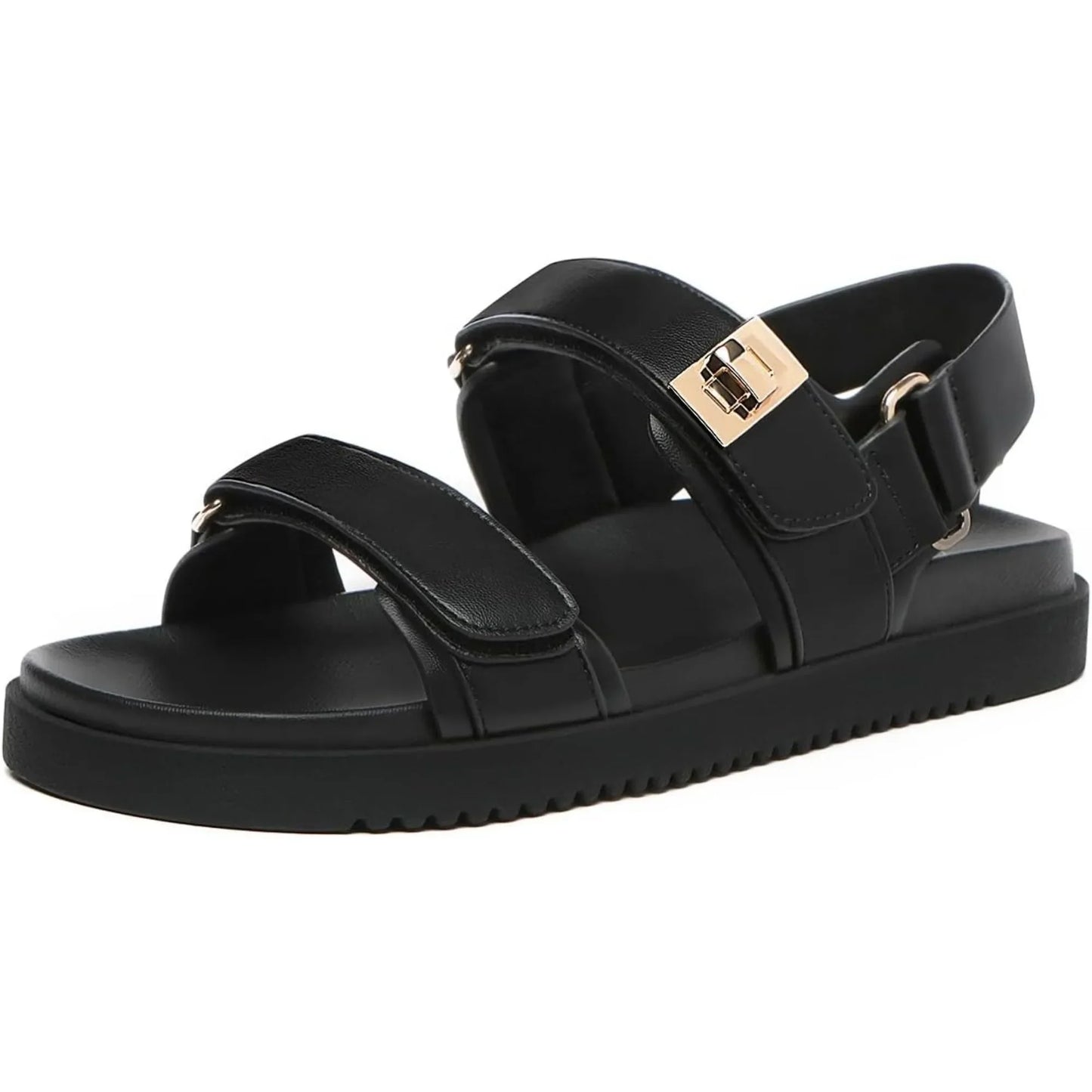 Women’s Flat Leather Sandals – Adjustable Double Strap Slip-On Comfort Footbed Shoes