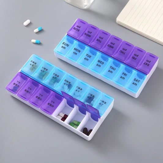Weekly 14-Grid Pill Box – Portable 7-Day Organizer for Tablets, Vitamins & Medicine Storage Container