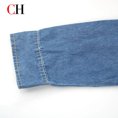Women’s Sailor Lapel Cropped Denim Shirt - Wide Fit Embroidered Long Sleeve Casual Office Top