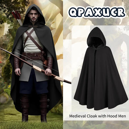 Men’s Medieval Hooded Cloak – Round Metal Buckle with Green Leaf Brooch Necklace for Halloween Costume
